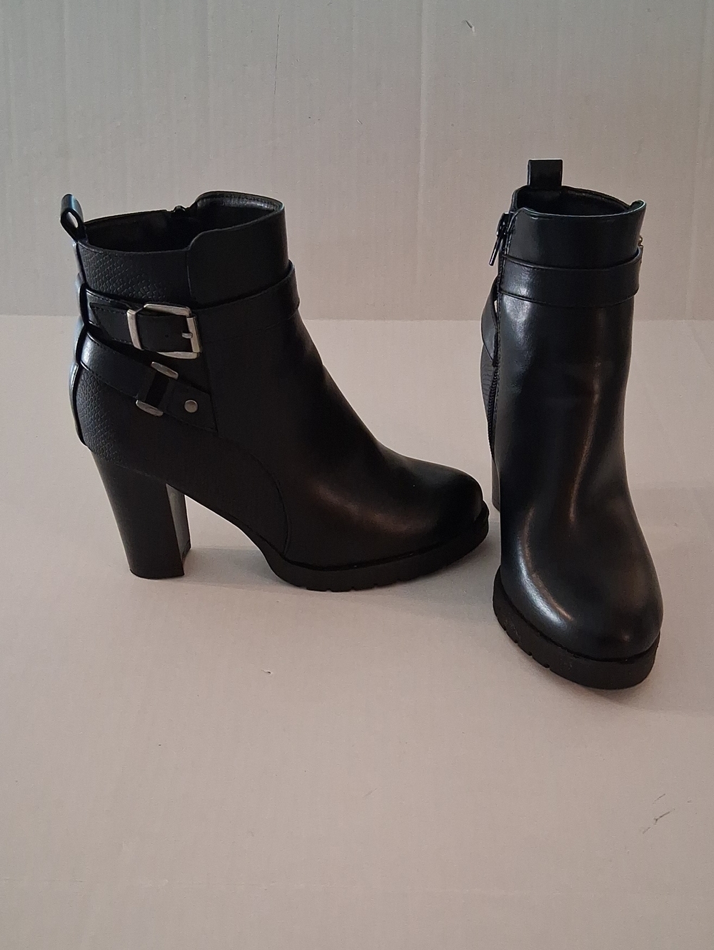 Black Chunky Stacked Heel Ankle Boots Moto Buckle Booties Zipper Size 7
